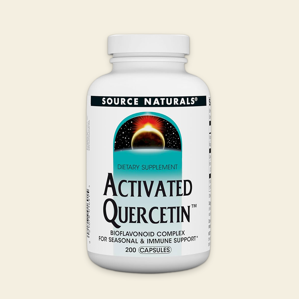 Supplement bottle labeled 'Activated Quercetin' by Source Naturals on a beige background