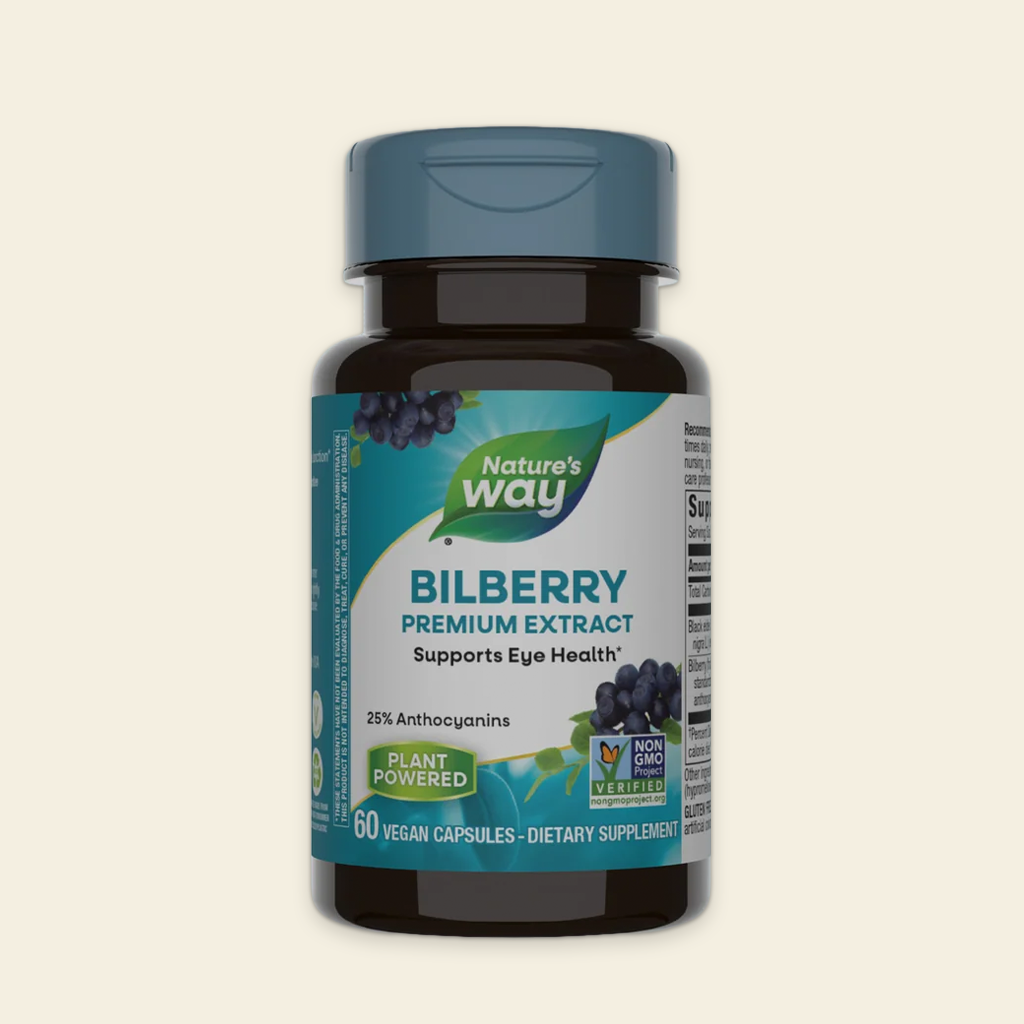 Nature's Way Bilberry Premium Extract supplement bottle on a beige background