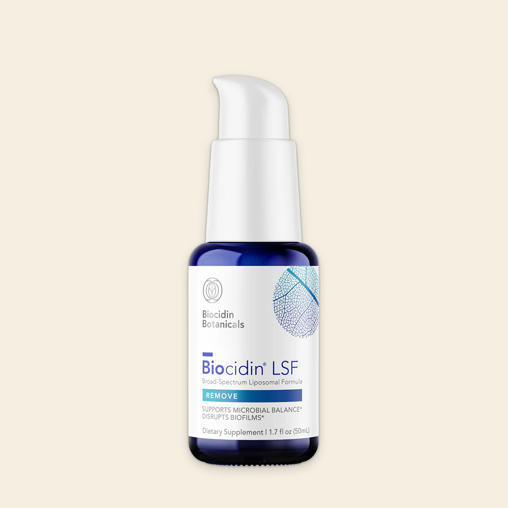 Bottle of Biocidin LSF supplement on a beige background