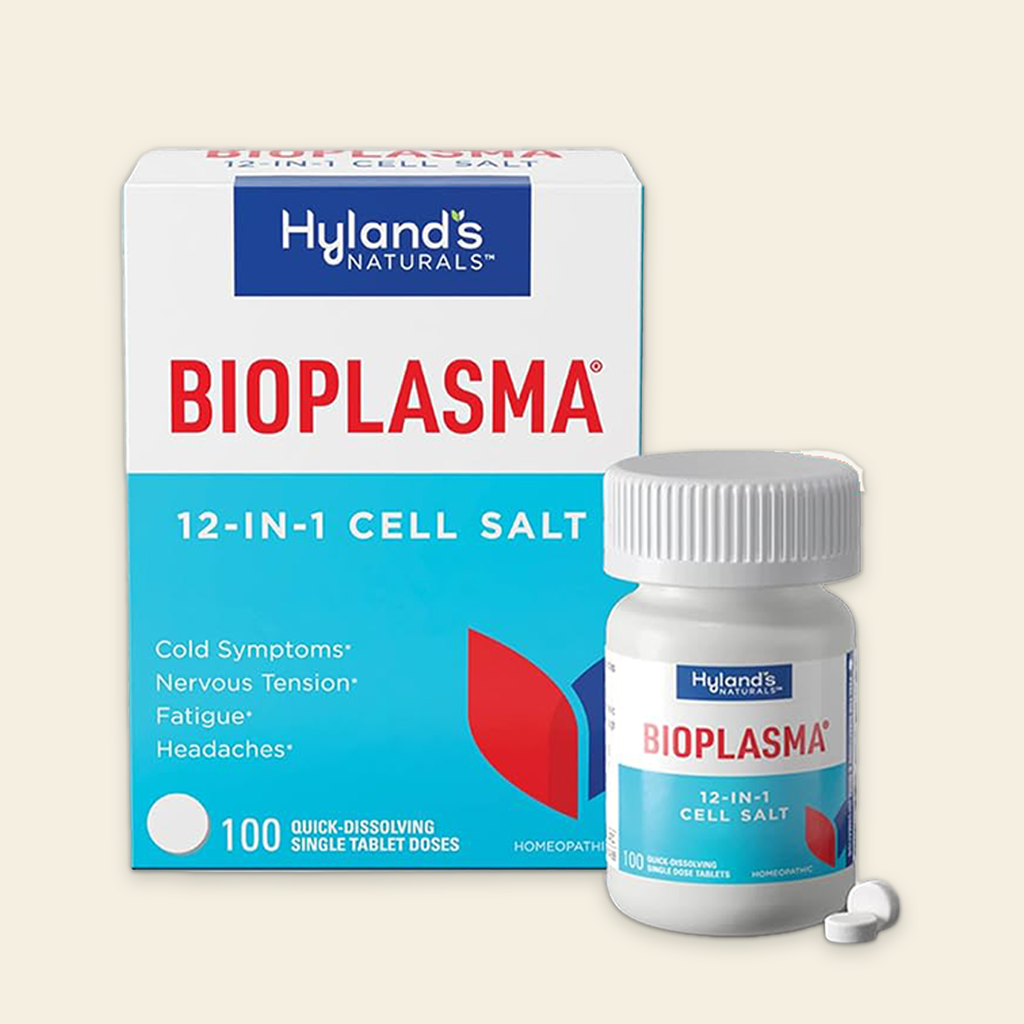 Hyland's Naturals Bioplasma 12-in-1 Cell Salt packaging and bottle on a beige background