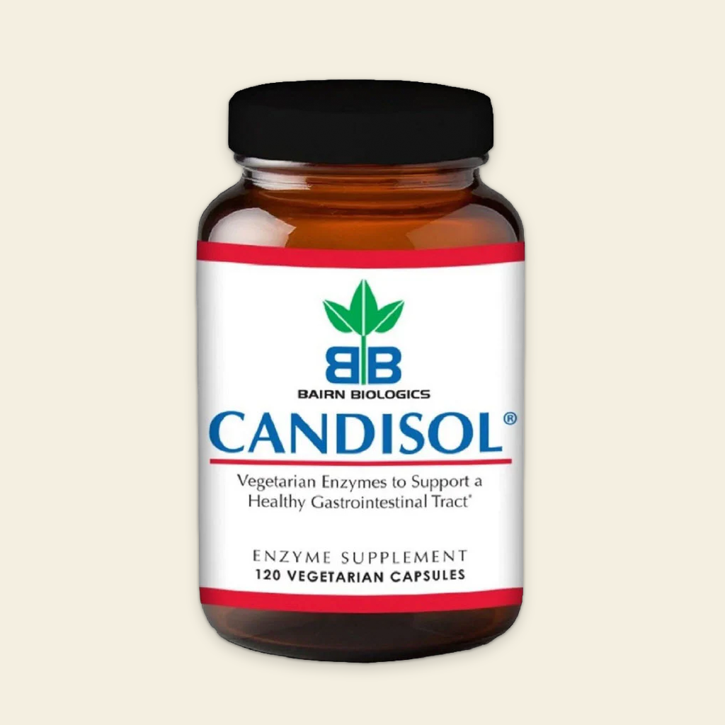 Bottle of Candisol supplement with a beige background