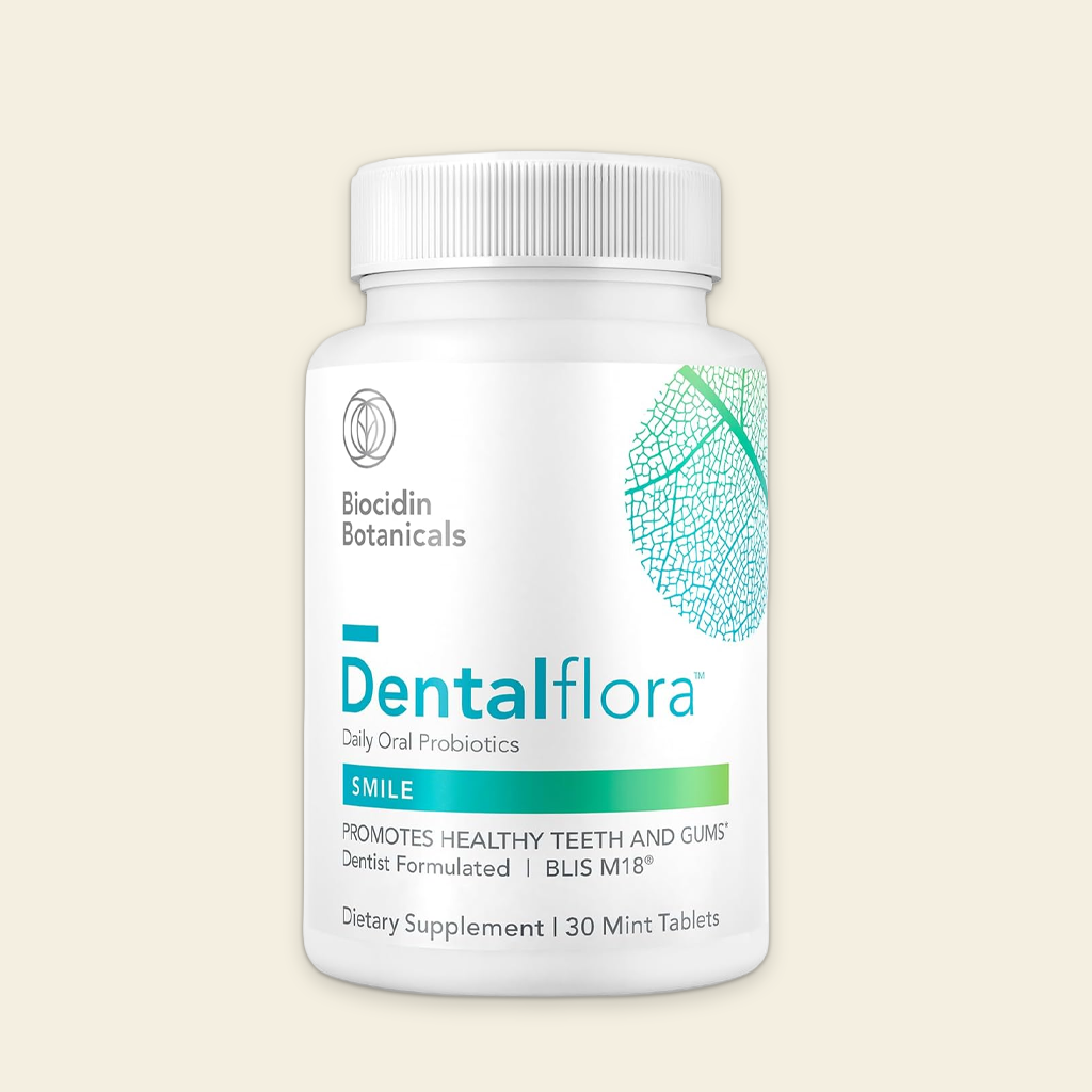 Dentalflora dietary supplement bottle on a beige background