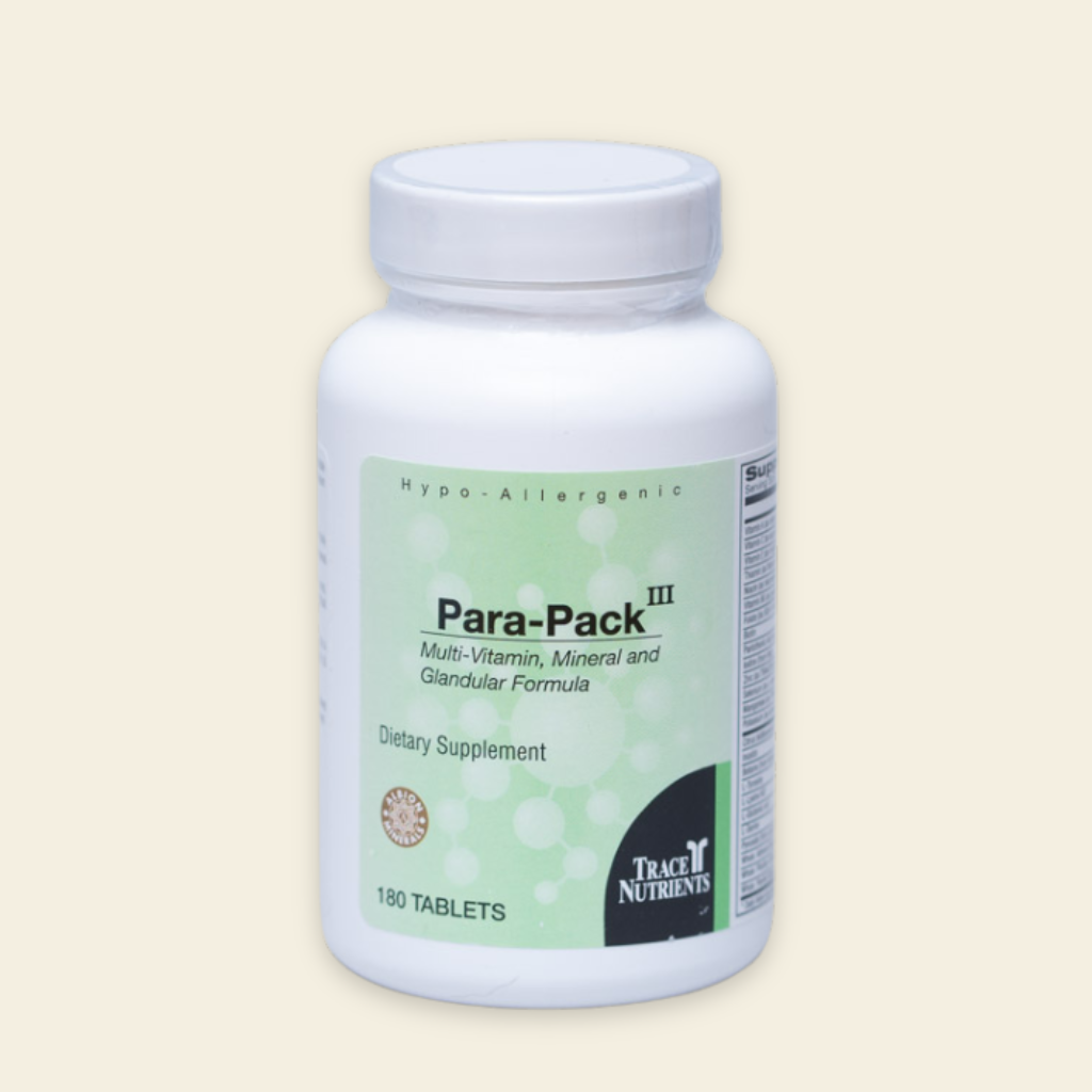 Supplement bottle labeled 'Para-Pack III' on a beige background