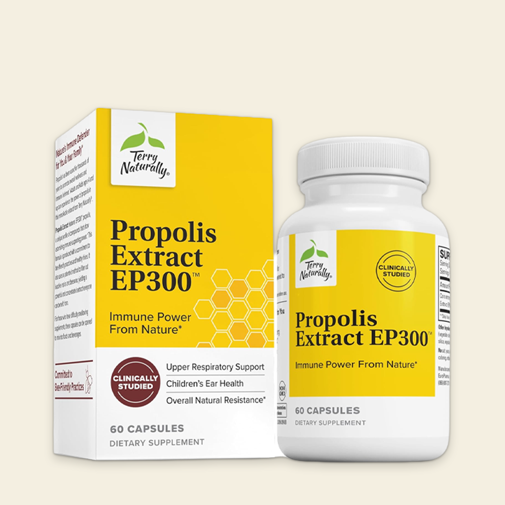 Terry Naturally Propolis Extract EP300 supplement bottle and packaging on a beige background