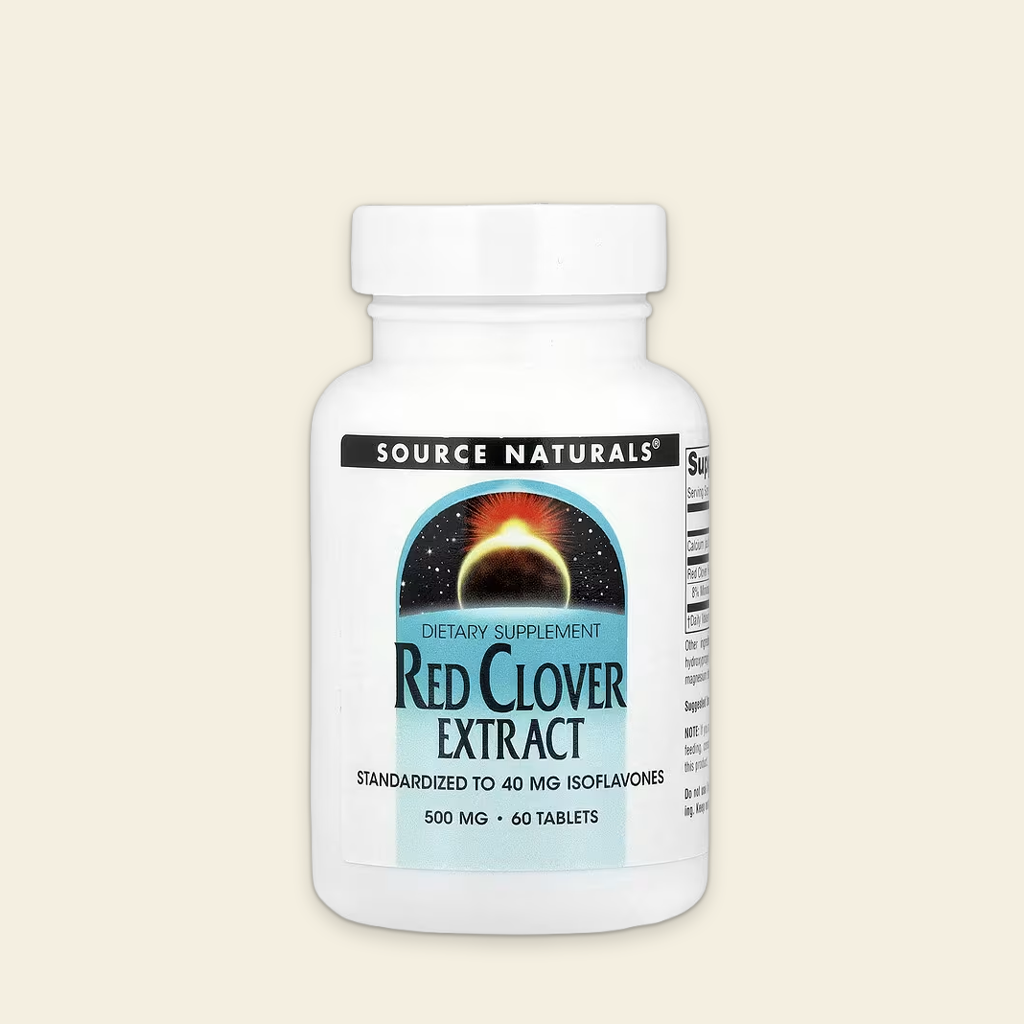 Bottle of Source Naturals Red Clover Extract supplement on a beige background