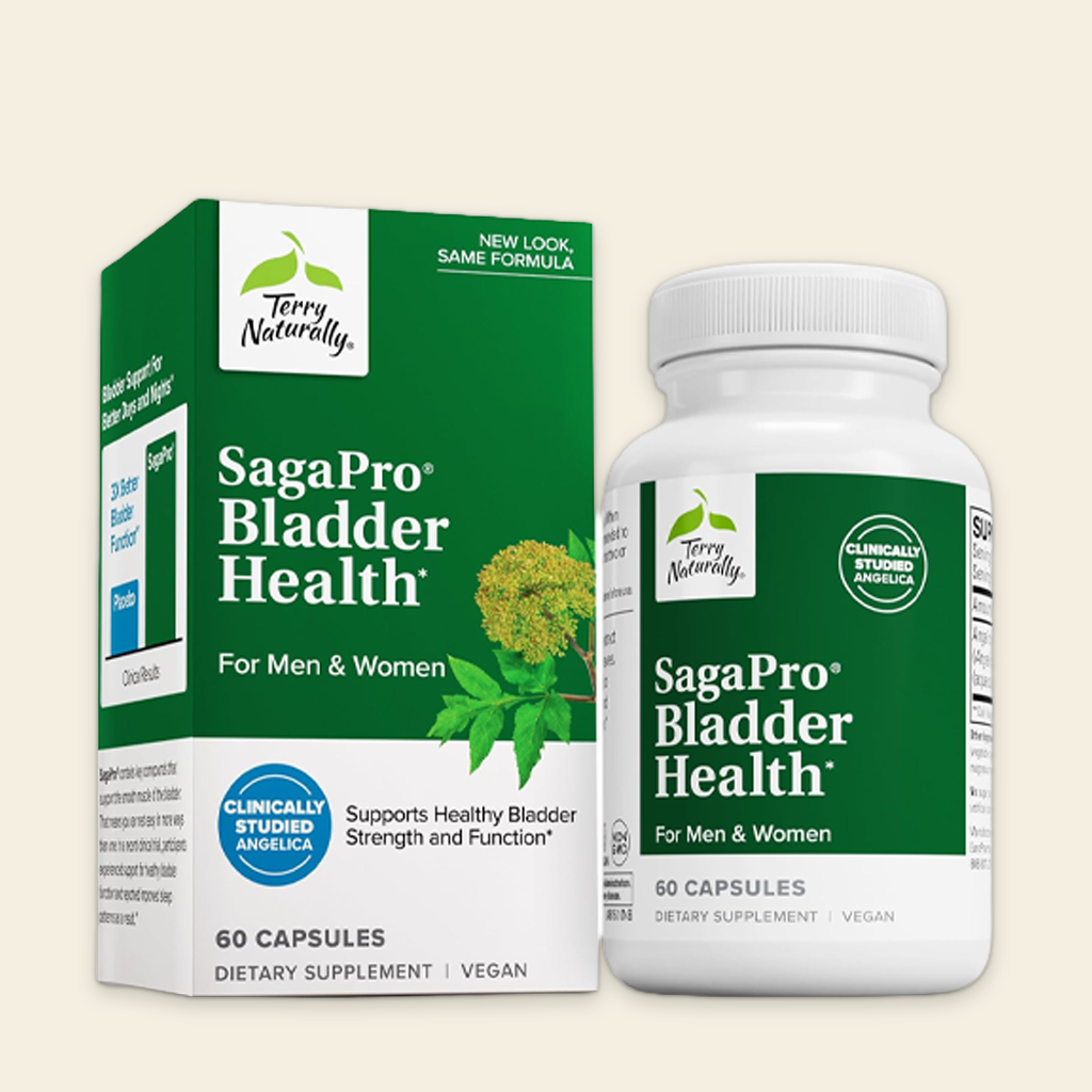 Terry Naturally SagaPro Bladder Health supplement bottle and packaging on a beige background
