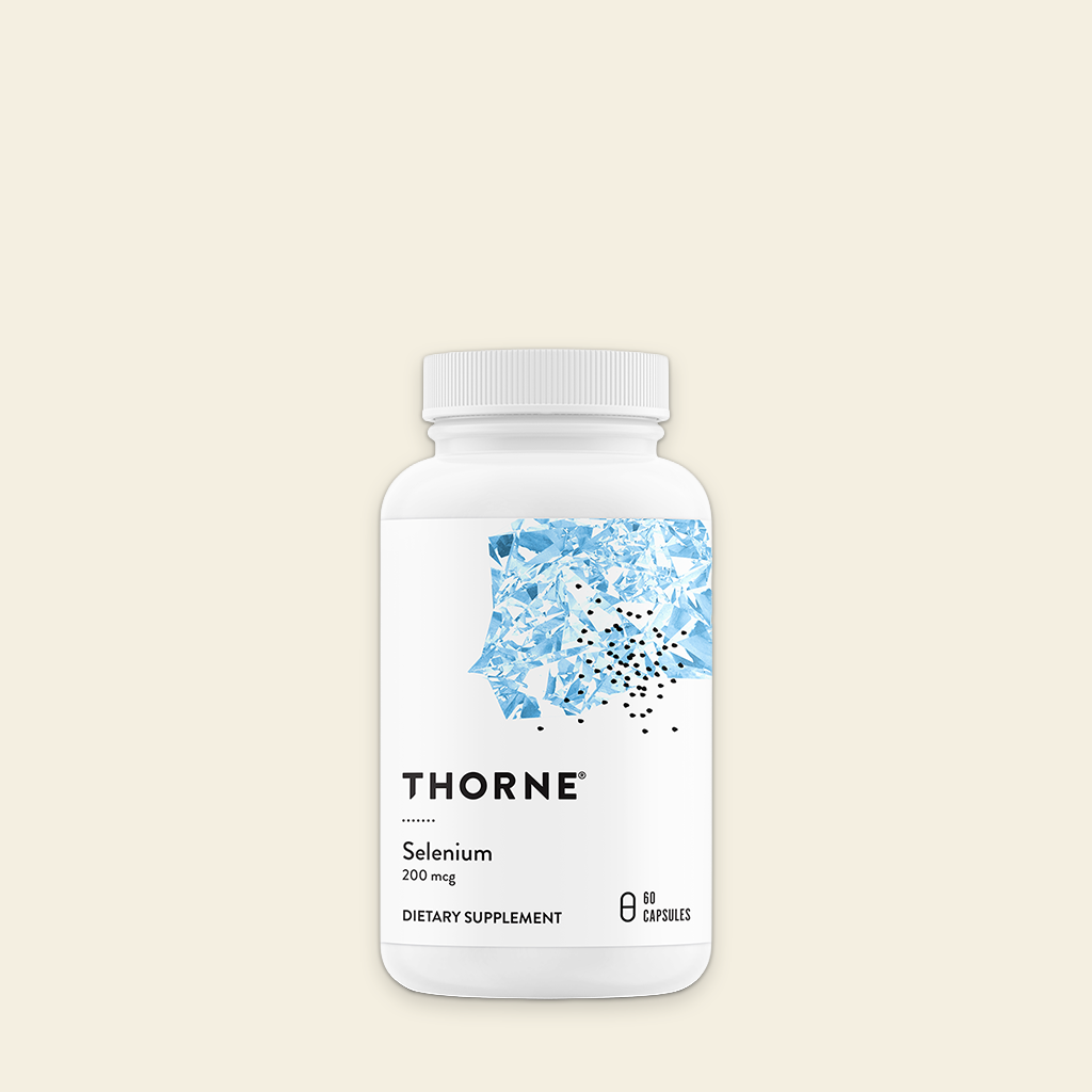 Thorne Selenium dietary supplement bottle on a beige background