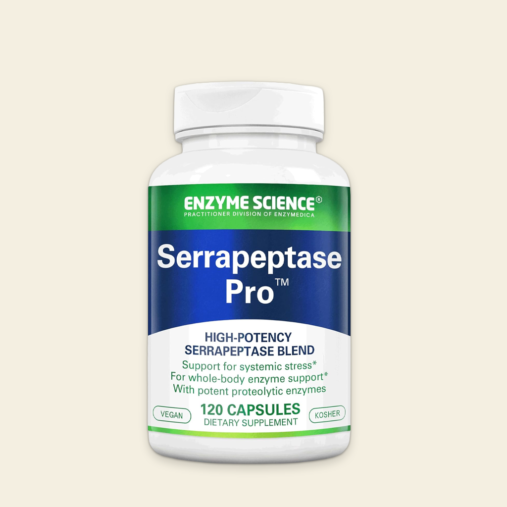 Supplement bottle labeled 'Serrapeptase Pro' by Enzyme Science on a beige background