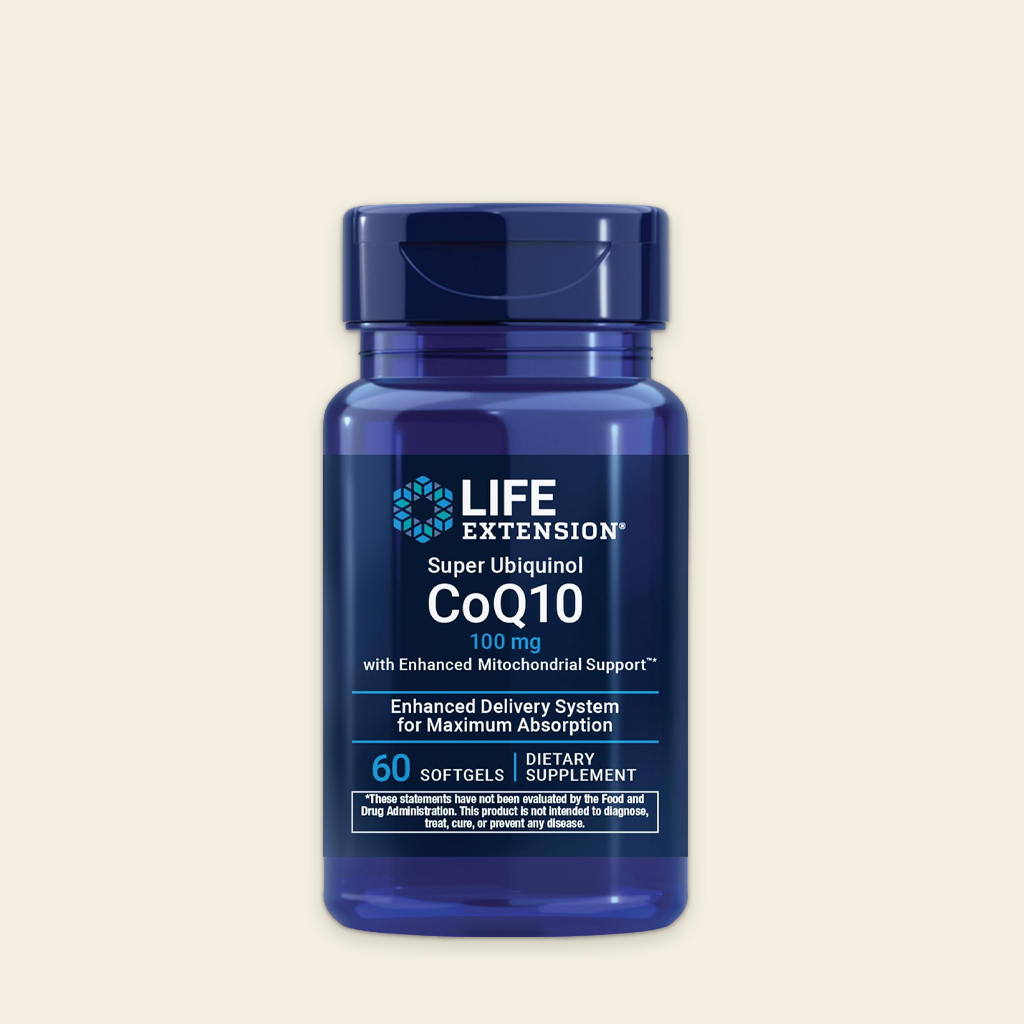 Blue supplement bottle labeled 'Life Extension Super Ubiquinol CoQ10' on a beige background