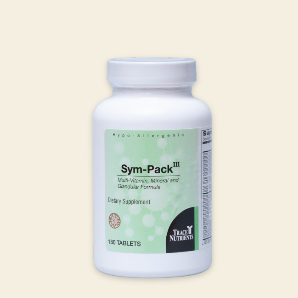 Supplement bottle labeled 'Sym-Pack III' on a beige background