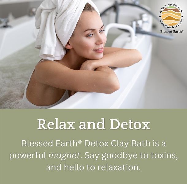 Woman relaxing in a bathtub with a towel on her head, promoting Blessed Earth Detox Clay Bath.