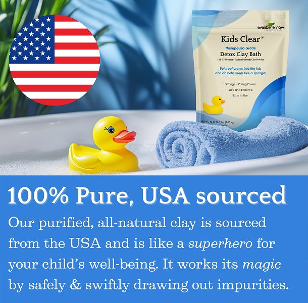 Detox clay bath product with a rubber duck and towel in a bathtub, featuring an American flag icon.