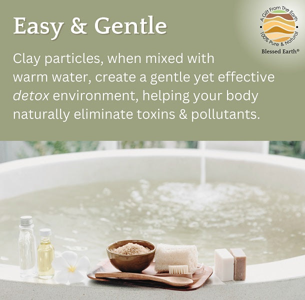 Bath tub with bath products and text about clay detoxification, brand 'Blessed Earth' visible.