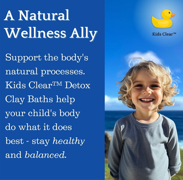 Advertisement for Kids Clear Detox Clay Baths with a child and beach background