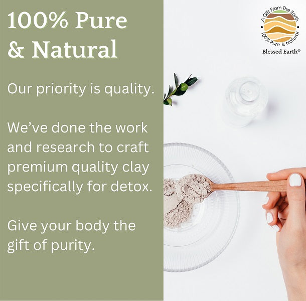 Blessed Earth clay product with text about purity and quality