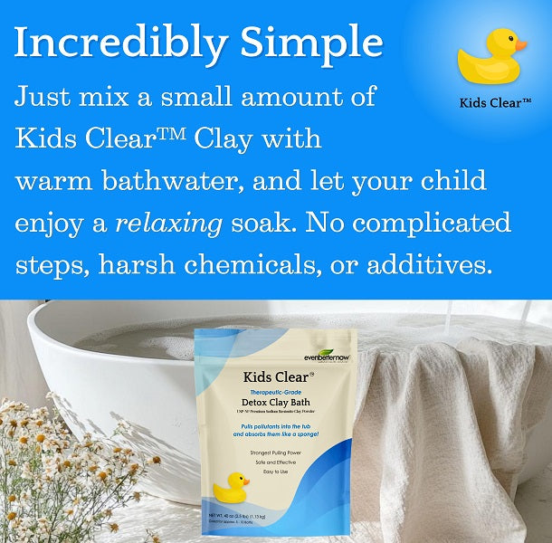 Advertisement for Kids Clear clay bath product with a bathtub and towel in the background.