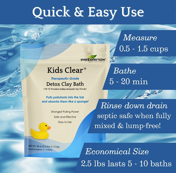 Kids Clear Detox Clay Bath package with usage instructions on a blue water background