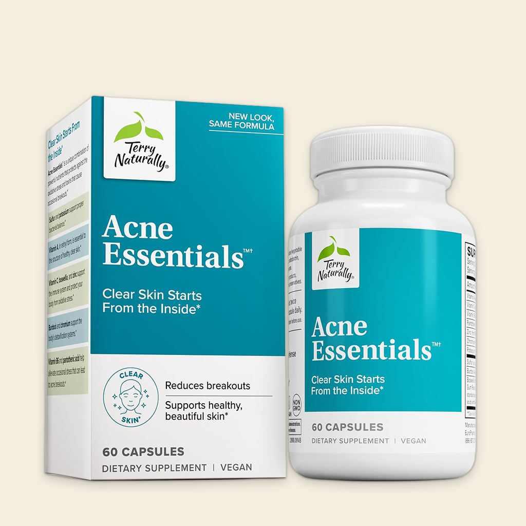 Terry Naturally Acne Essentials supplement bottle and packaging on a beige background
