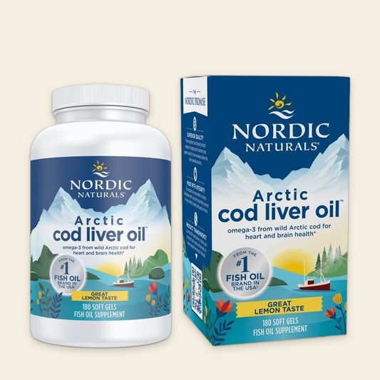 Nordic Naturals Arctic cod liver oil bottle and packaging on a beige background