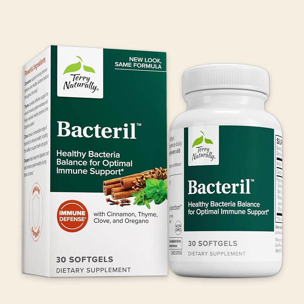 Bacteril dietary supplement bottle and packaging on a beige background
