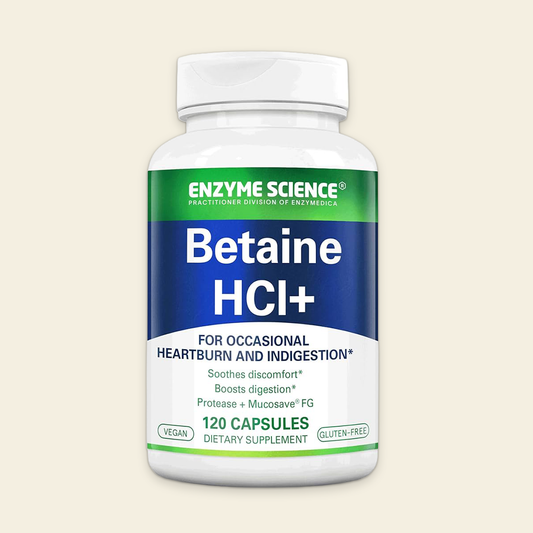 Bottle of Enzyme Science Betaine HCl+ supplement on a beige background