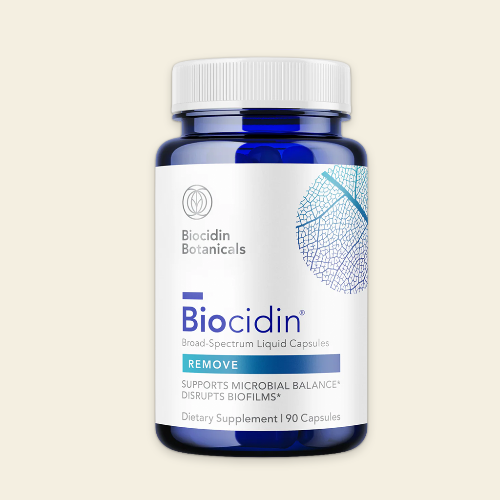 Biocidin Botanicals dietary supplement bottle on a beige background