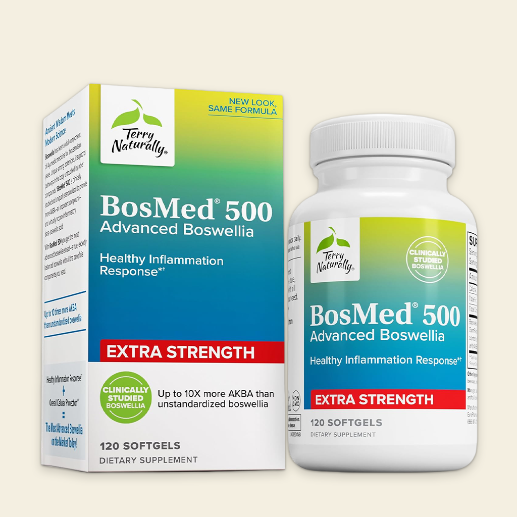 BosMed 500 Advanced Boswellia supplement bottle and packaging on a beige background