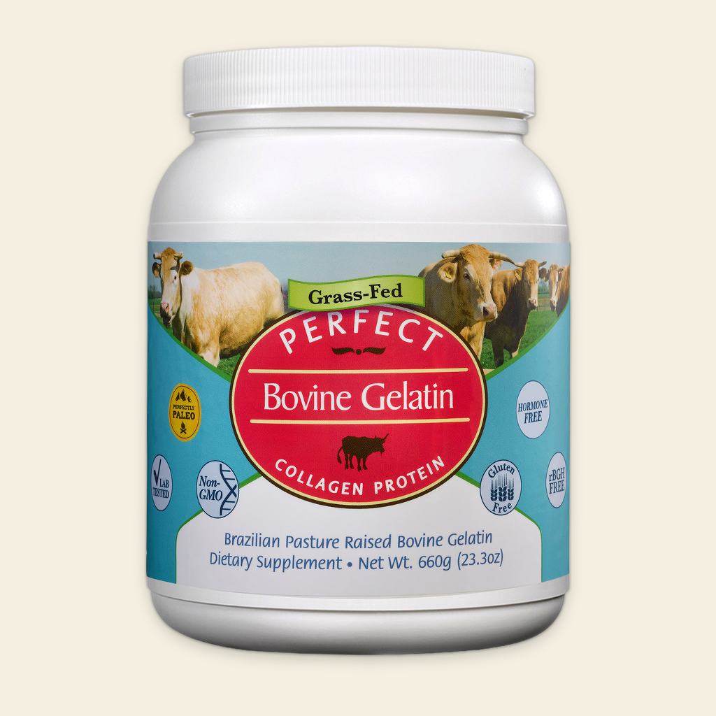 Container of Perfect Bovine Gelatin collagen protein on a beige background