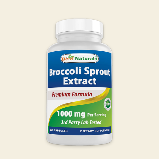 Supplement bottle labeled 'Broccoli Sprout Extract' by Best Naturals on a beige background