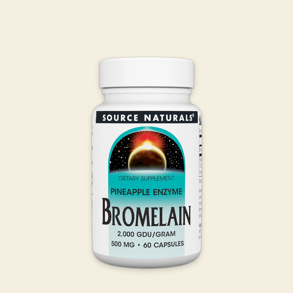 Bottle of Source Naturals Bromelain supplement on a beige background