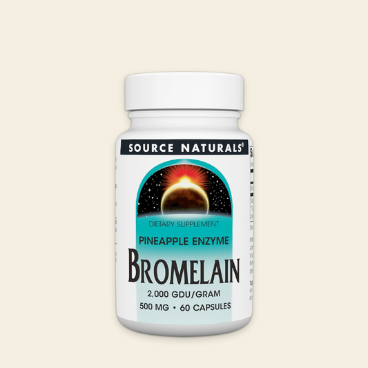 Bottle of Source Naturals Bromelain supplement on a beige background