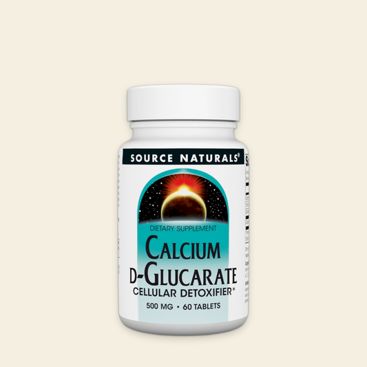 Supplement bottle labeled 'Calcium D-Glucarate' by Source Naturals on a beige background