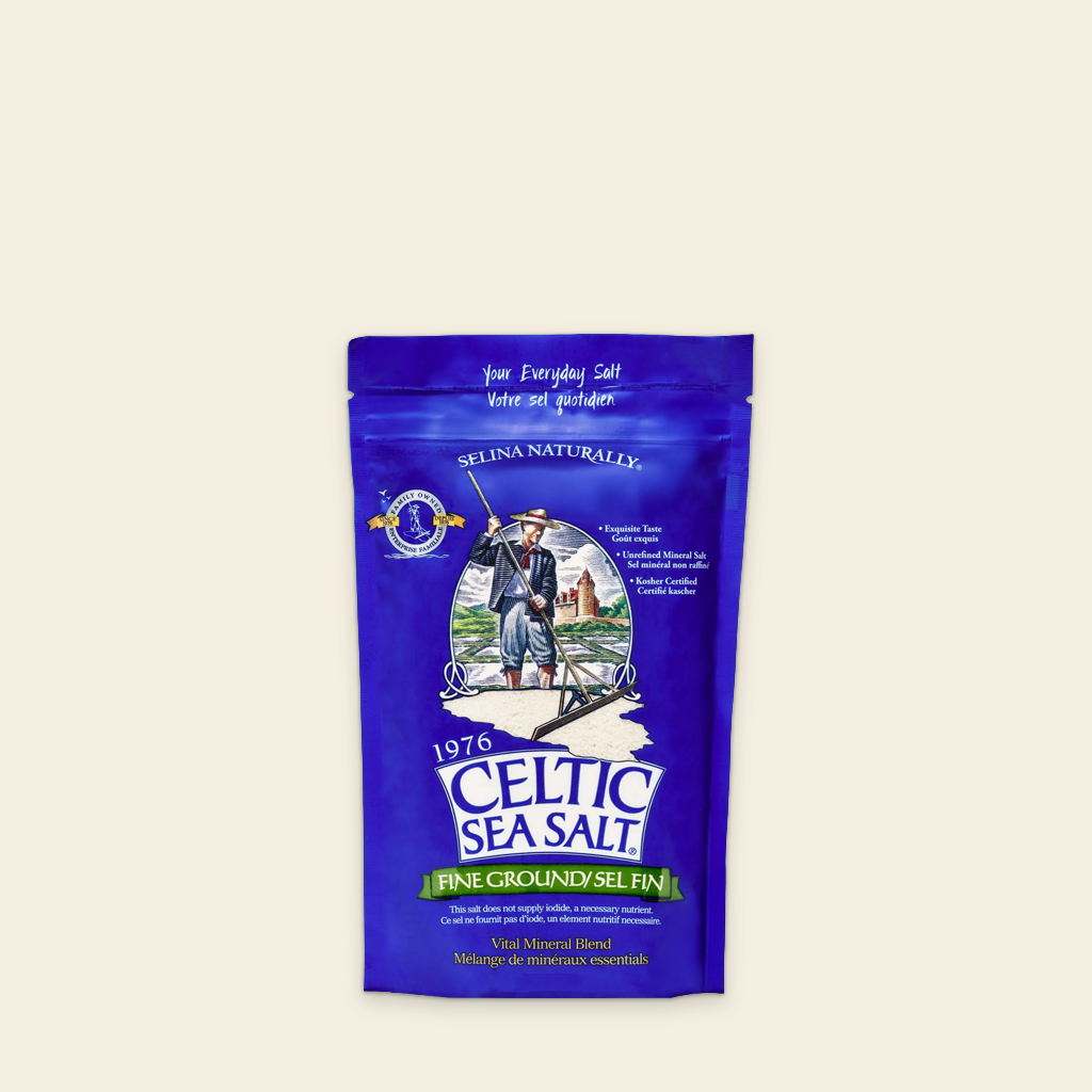 Blue package of 1976 Celtic Sea Salt on a beige background