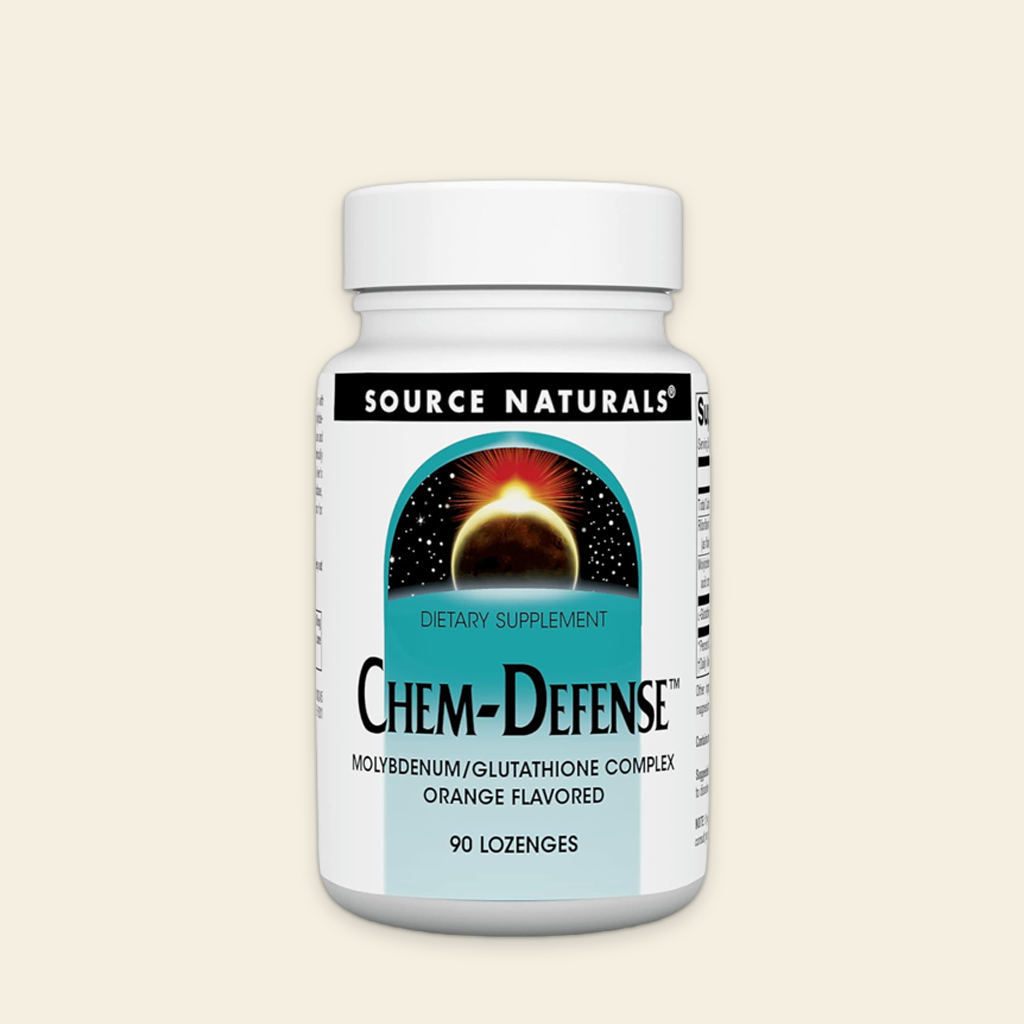 Source Naturals Chem-Defense dietary supplement bottle on a beige background