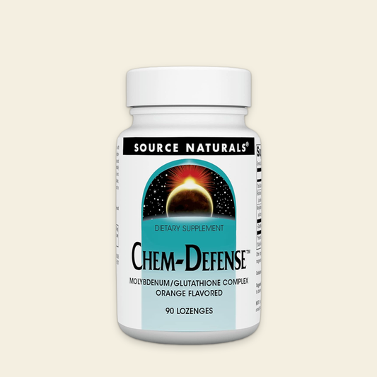 Source Naturals Chem-Defense dietary supplement bottle on a beige background