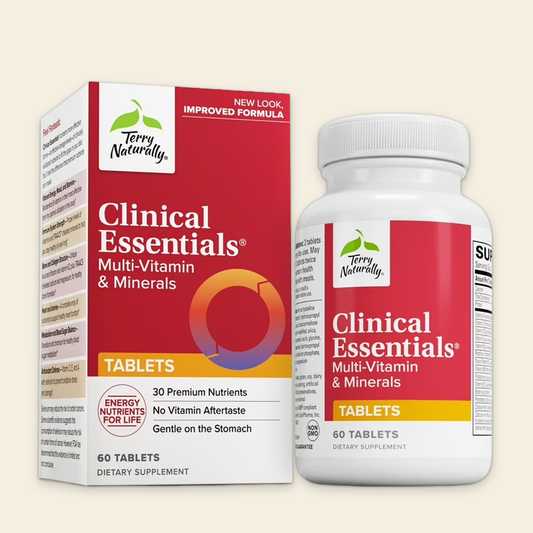Terry Naturally Clinical Essentials Multi-Vitamin & Minerals packaging on a beige background