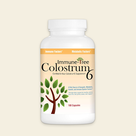 Immune Tree Colostrum 6 supplement bottle on a beige background