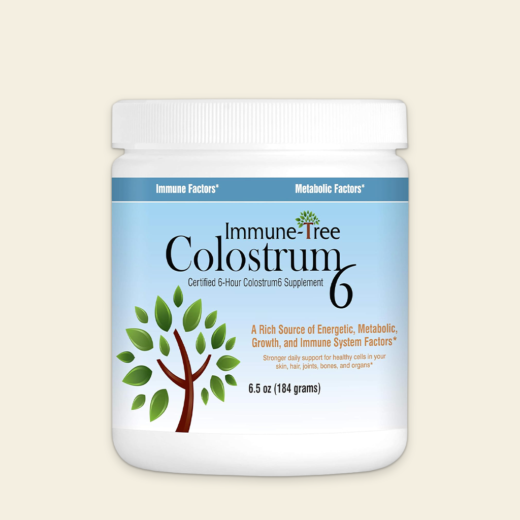 Container of Immune Tree Colostrum 6 on a beige background