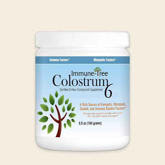 Container of Immune Tree Colostrum 6 on a beige background