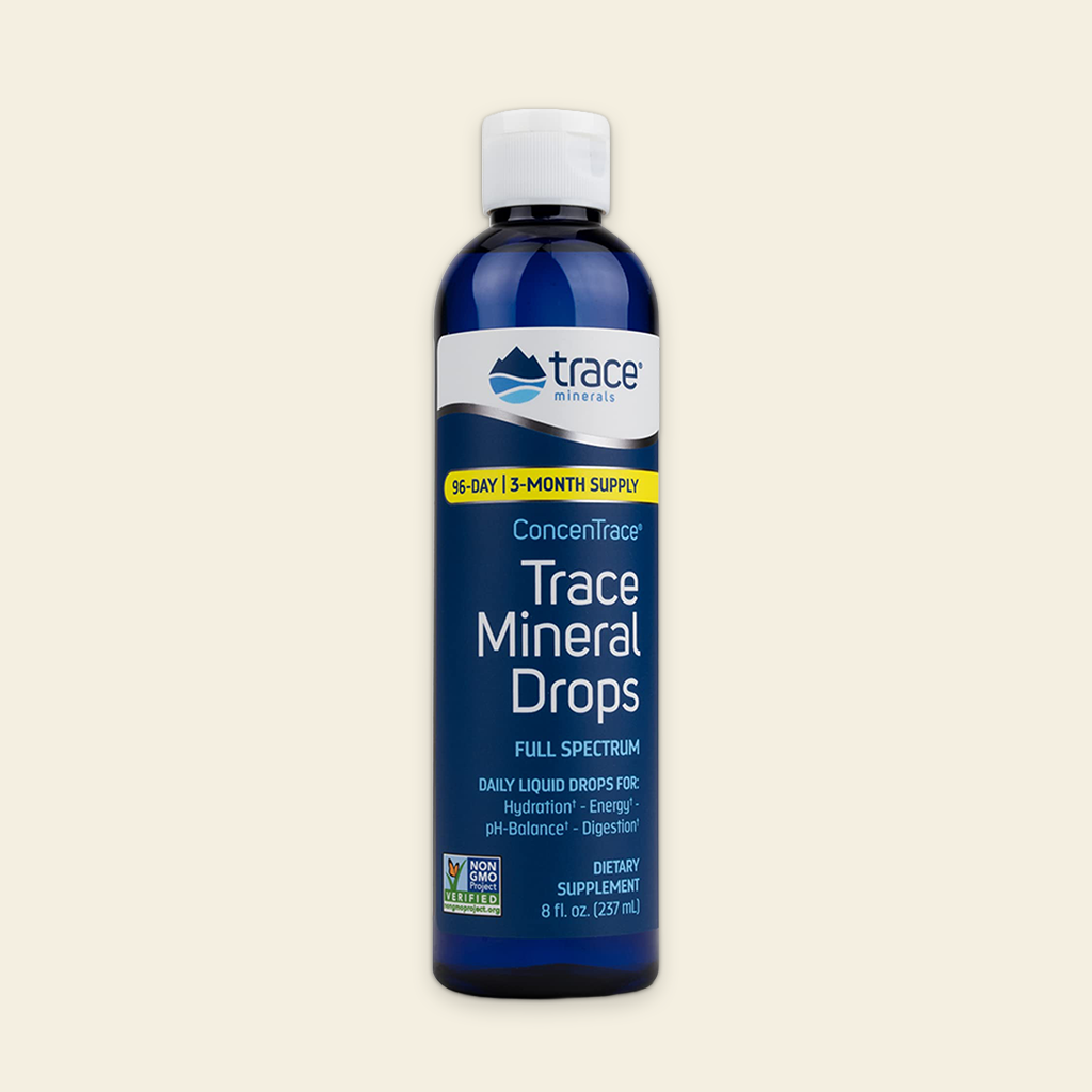 Bottle of Trace Mineral Drops on a beige background