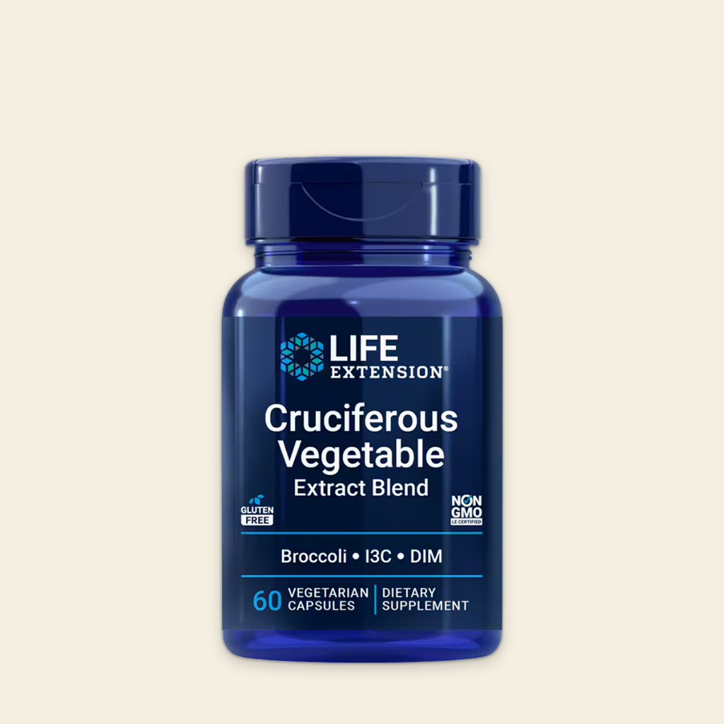 Blue supplement bottle labeled 'Life Extension Cruciferous Vegetable Extract Blend' on a beige background