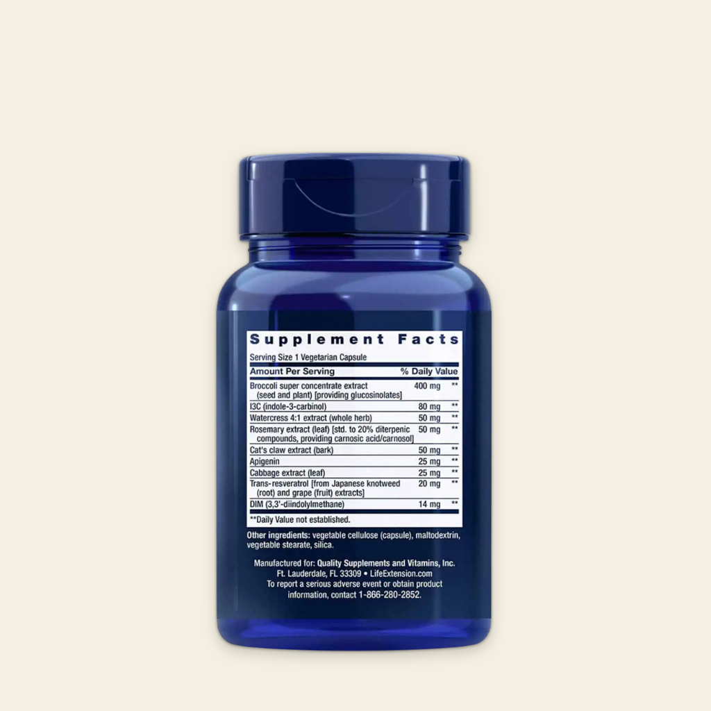 Blue supplement bottle with label on a beige background