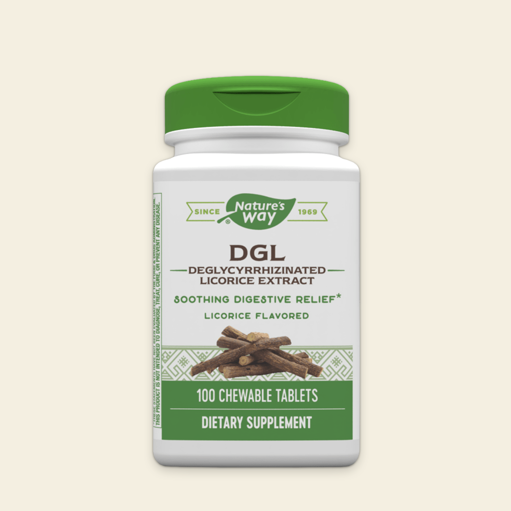Nature's Way DGL supplement bottle on a beige background