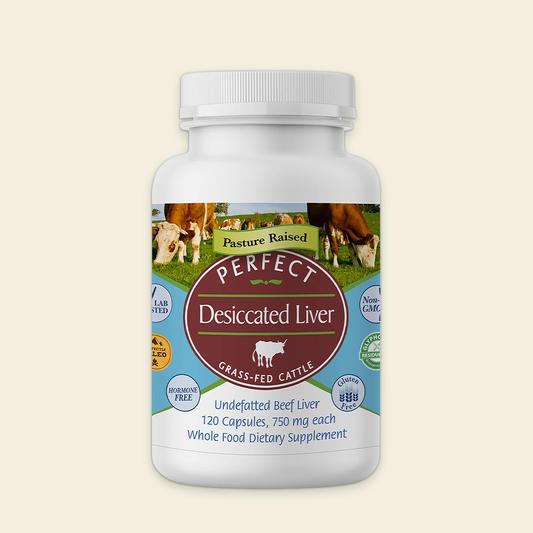 Supplement bottle labeled 'Perfect Desiccated Liver' with cow images on a beige background