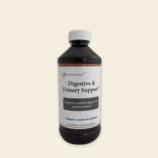 Bottle of Digestive & Urinary Support supplement on a beige background