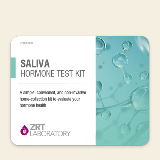Saliva hormone test kit packaging with ZRT Laboratory branding on a beige background
