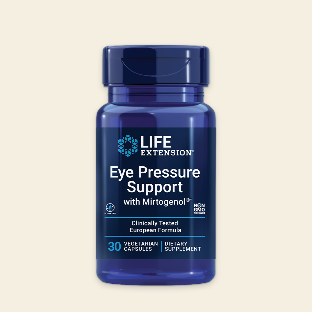 Blue supplement bottle labeled 'Eye Pressure Support' by Life Extension on a beige background