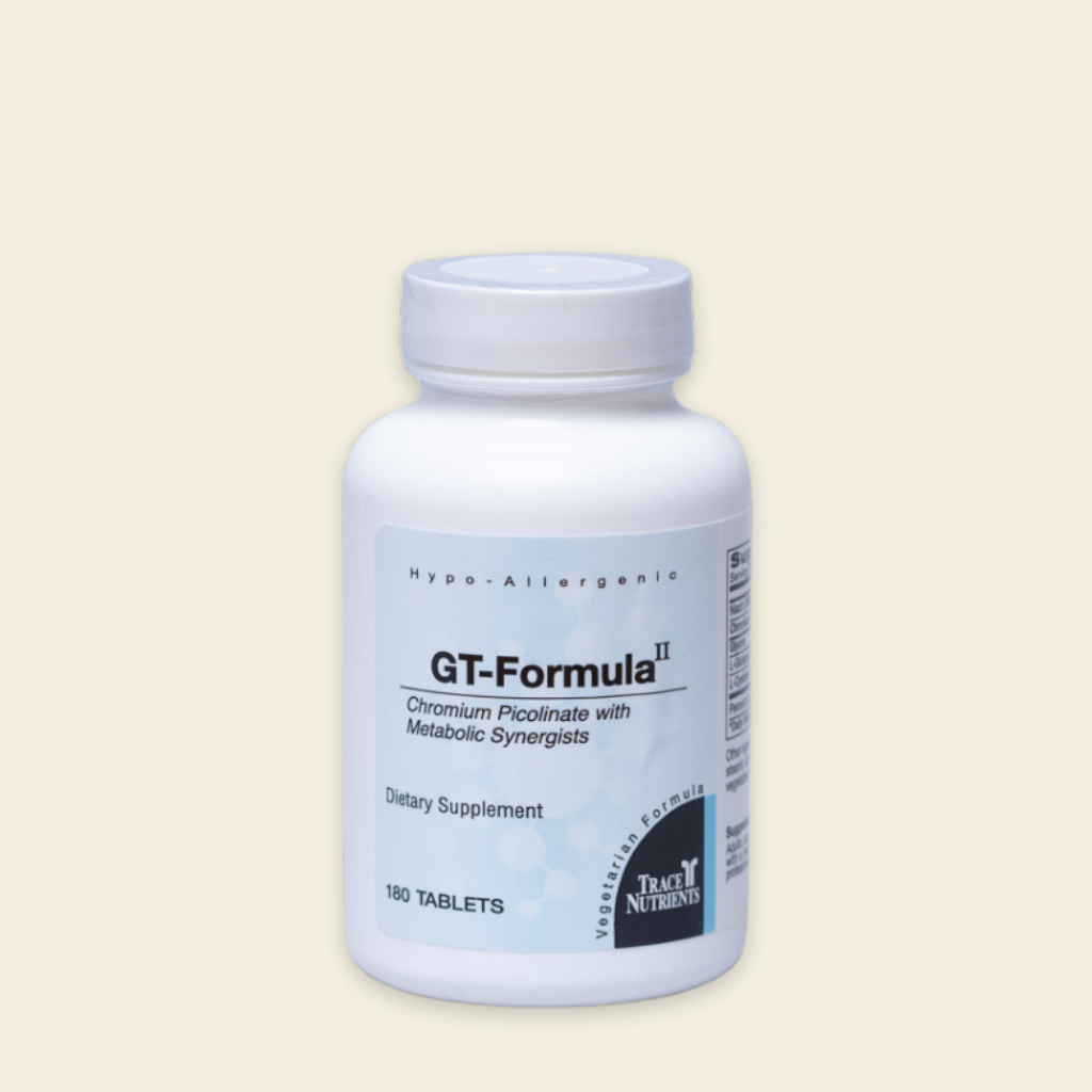Supplement bottle labeled 'GT-Formula II' on a beige background
