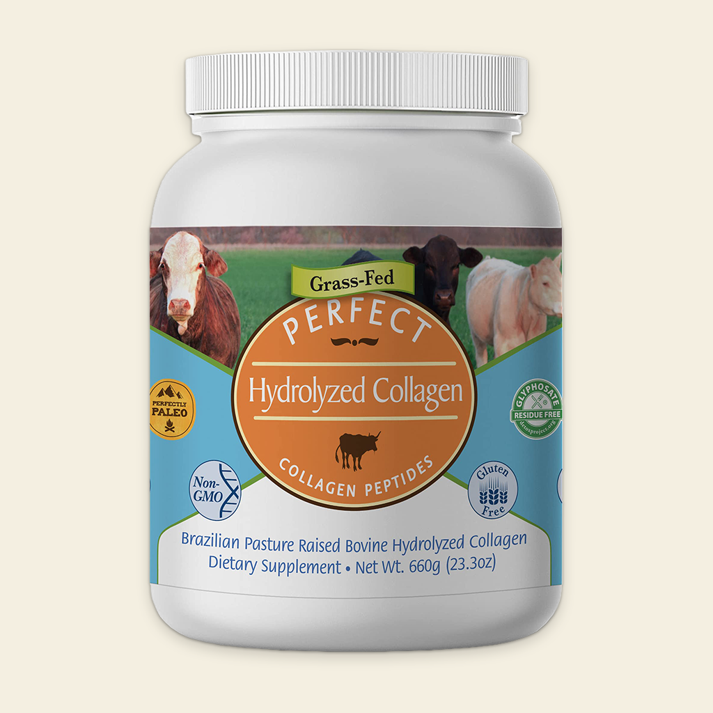 Container of Perfect Hydrolyzed Collagen with cow images on a beige background