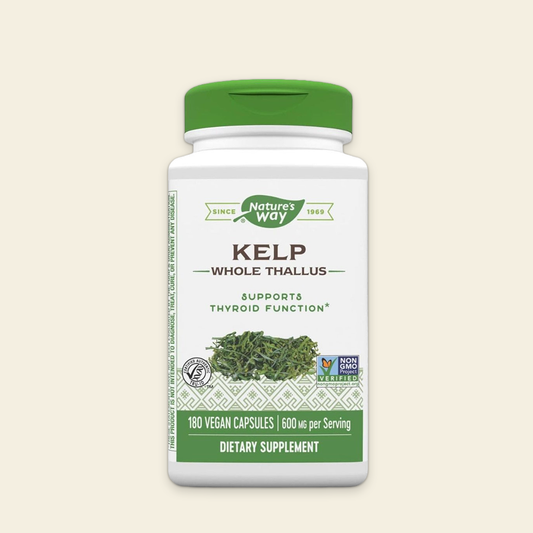 Nature's Way Kelp Whole Thallus supplement bottle on a beige background